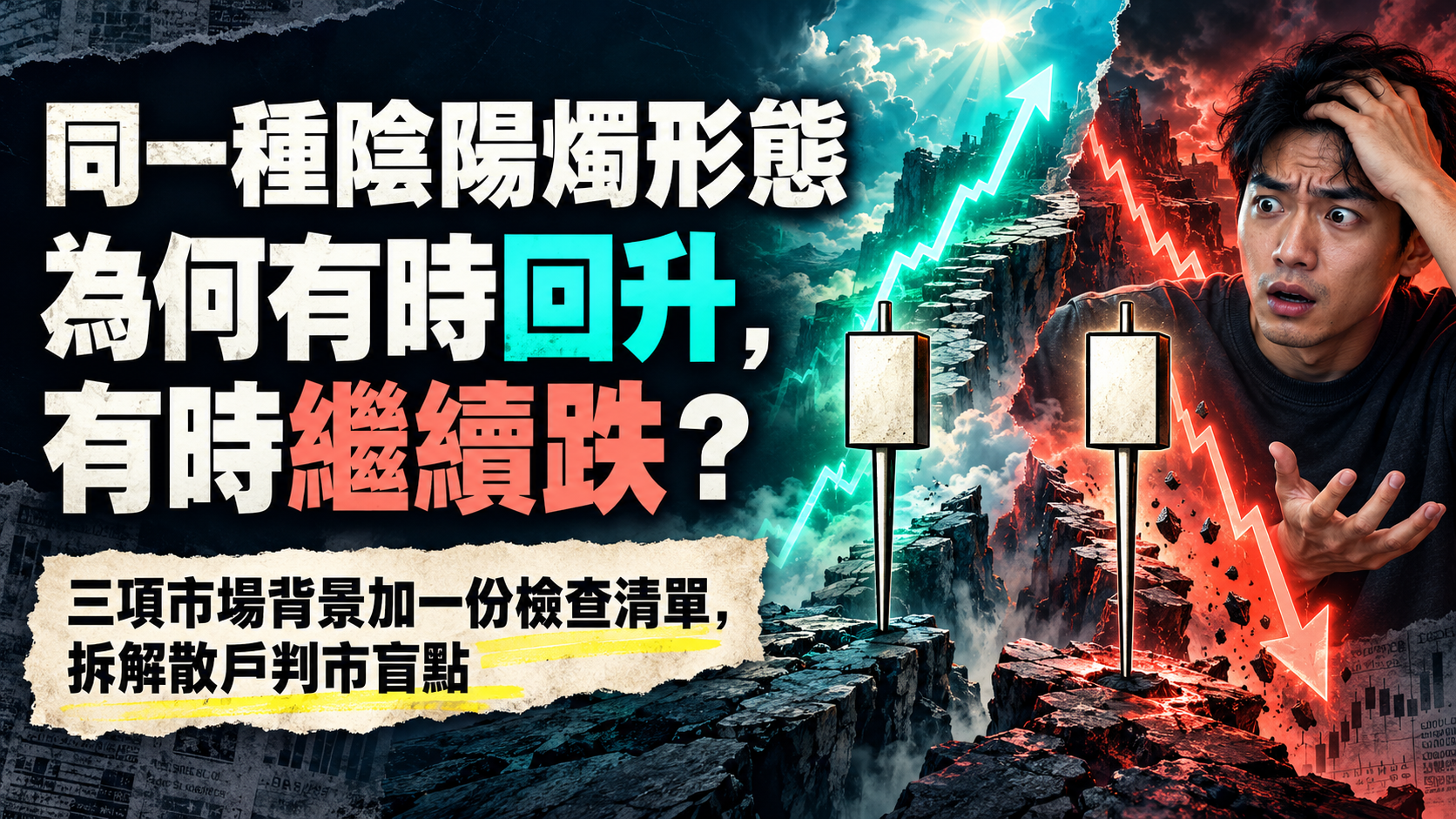 相同陰陽燭形態分別置於回升與下跌背景，便服投資者面對相反走勢露出驚訝表情