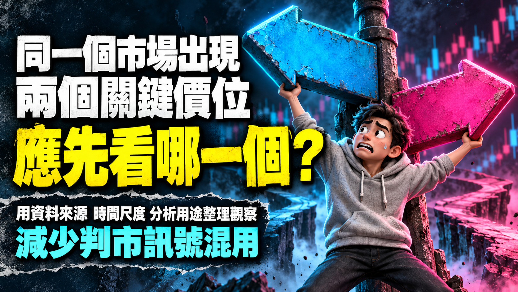 投資者被兩個不同方向的巨型路牌拉扯，表現同一市場出現兩個關鍵價位的困惑