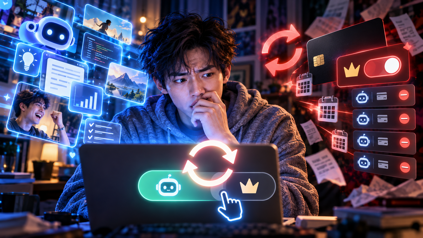 AI使用習慣、訂閱付費與企業盈利時間差的概念插圖。