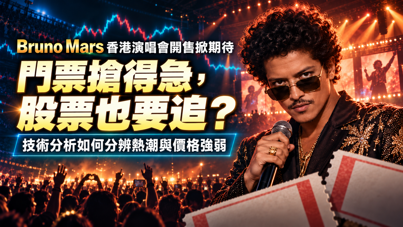 Bruno Mars 手持咪高峰，背景為演唱會觀眾、門票與示意價格走勢，封面提問門票搶得急，股票是否也要追。