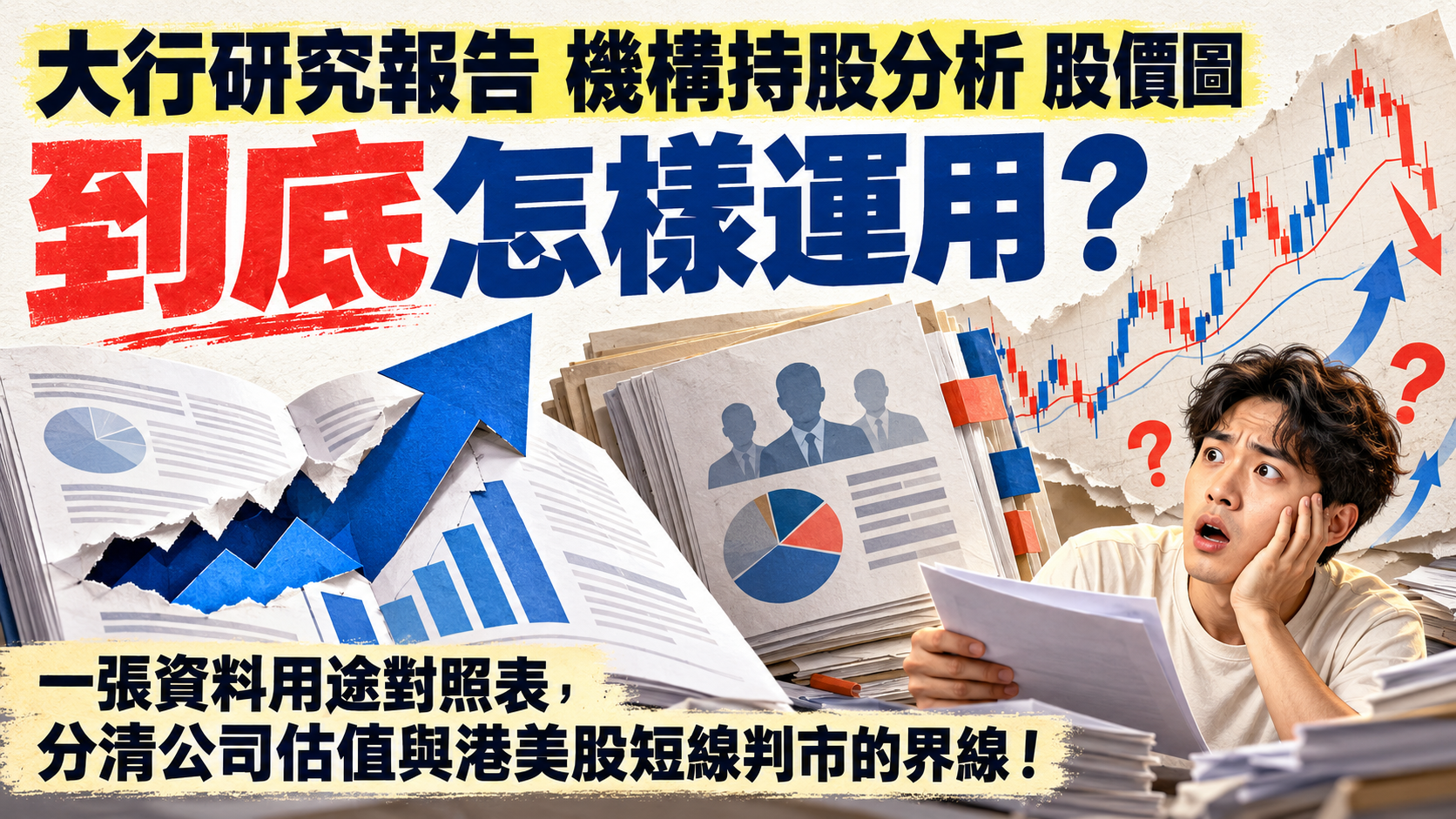 便服人物面對巨型研究報告、機構持股文件與股價圖,呈現投資資料用途的疑惑。