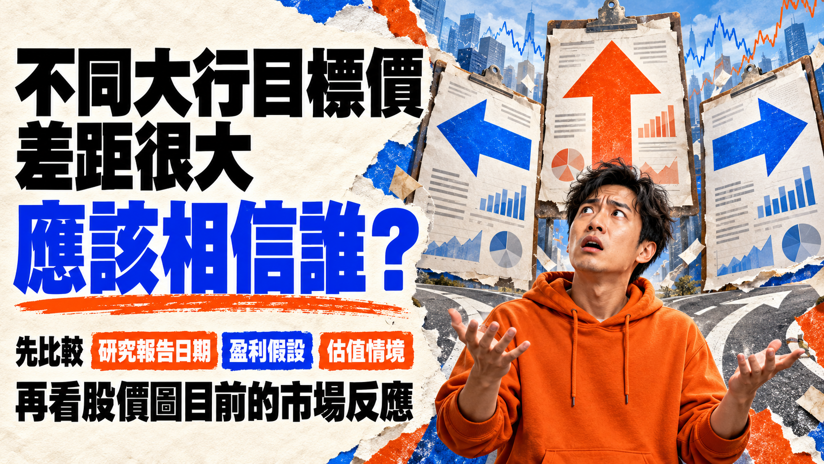 不同大行目標價差距很大的提問文字,旁邊是便服男子與指向不同方向的巨型研究報告。