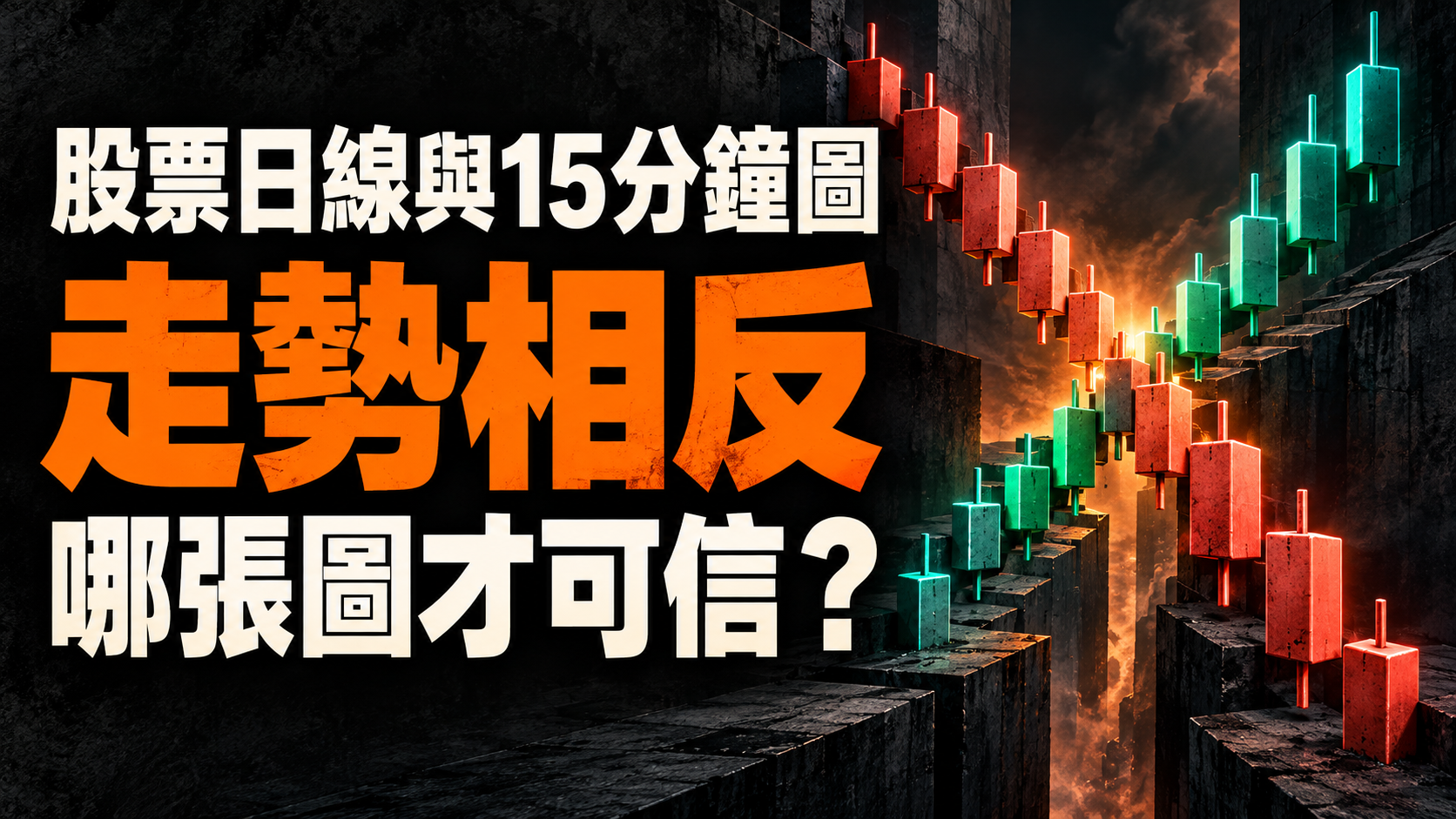 同一隻股票的日線與15分鐘圖走勢相反，以向上和向下的陰陽燭示意不同時間週期。