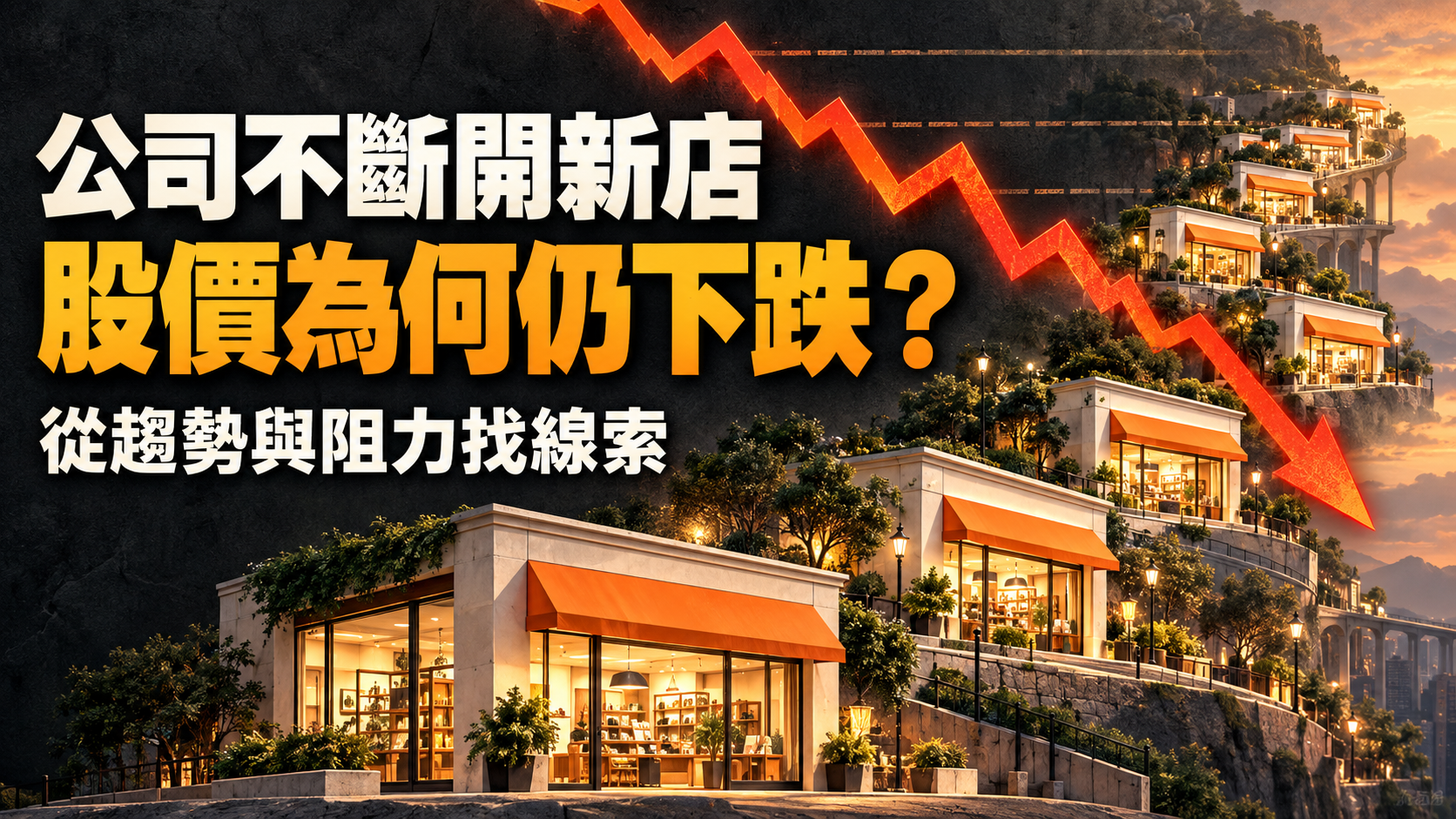 不斷延伸的連鎖店舖與向下價格箭嘴形成對照，帶出公司開新店而股價仍下跌的分析問題。