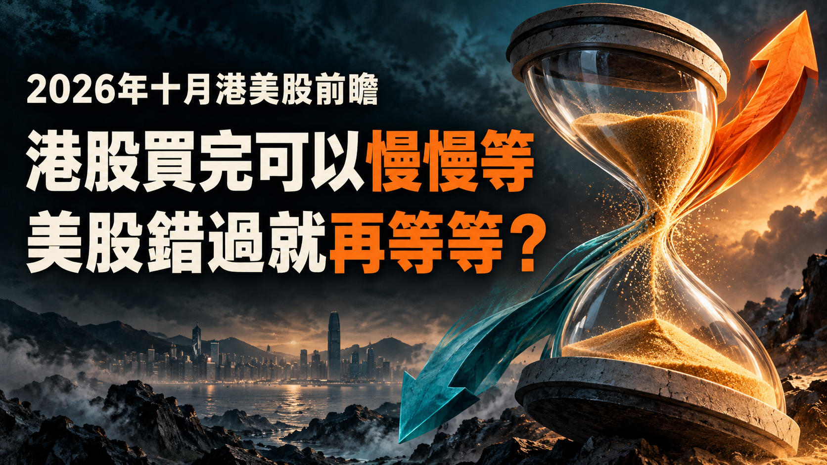2026年十月港美股前瞻縮圖：沙漏與升跌箭頭，帶出港股等待轉強、美股評估回調條件的兩難。