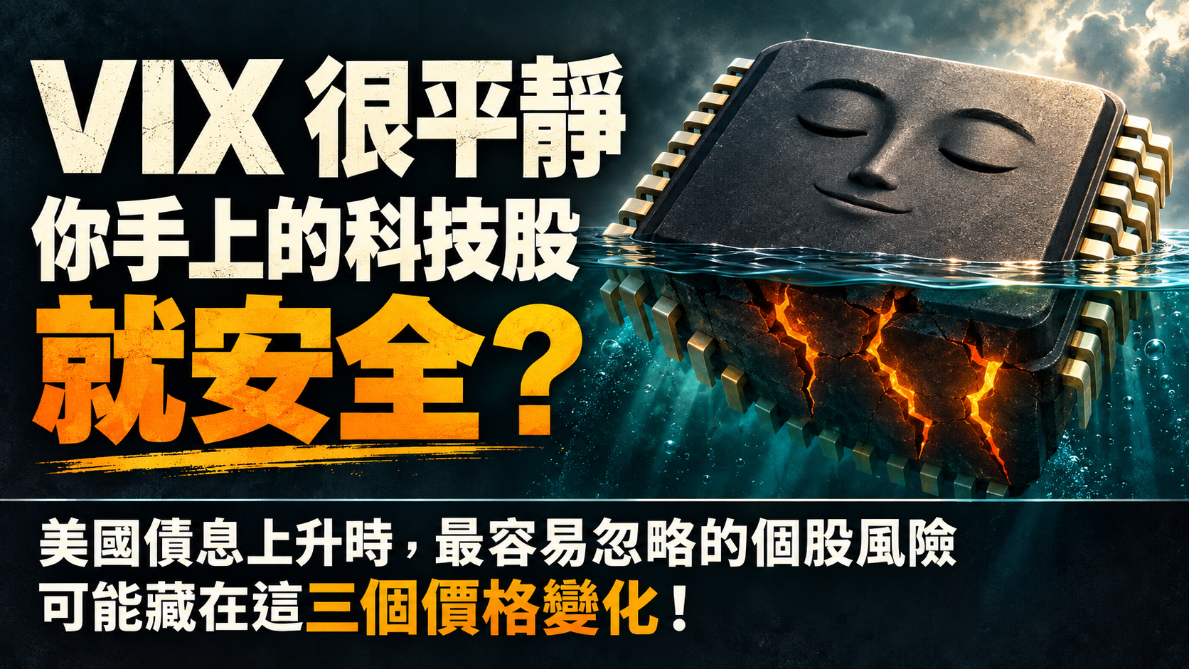 文章封面：VIX 很平靜，手上的科技股就安全？平靜水面的晶片在水下出現裂痕，提醒留意個股價格變化。