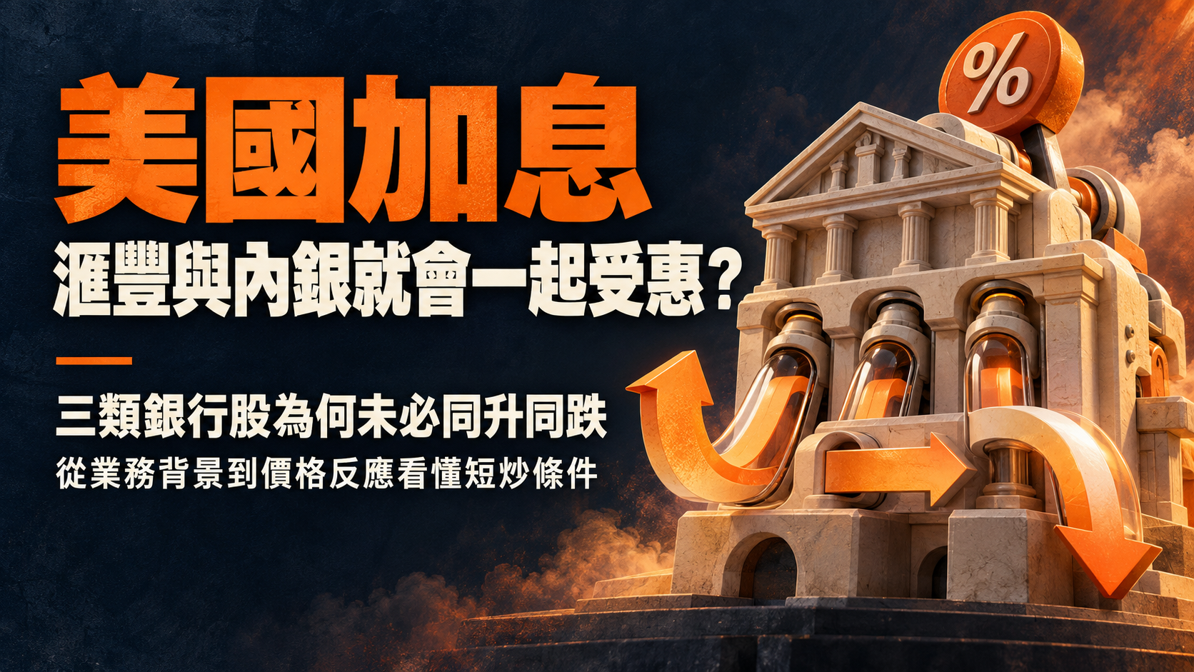 美國加息與銀行股分析縮圖，銀行機器分流出向上、橫行及向下的箭頭